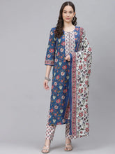 Women Blue White Ethnic Motifs Print Pure Cotton Kurta With Trousers Dupatta